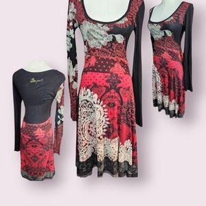 Desigual Long Sleeve Dress in Red and Black with White Accents